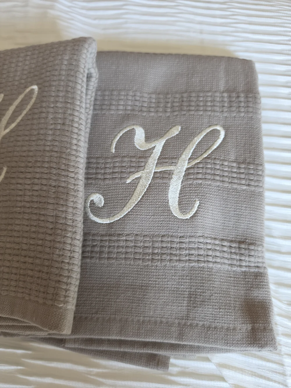 Custom Hand-Monogrammed 'H' Hand Towels Set Of 3- Taupe New